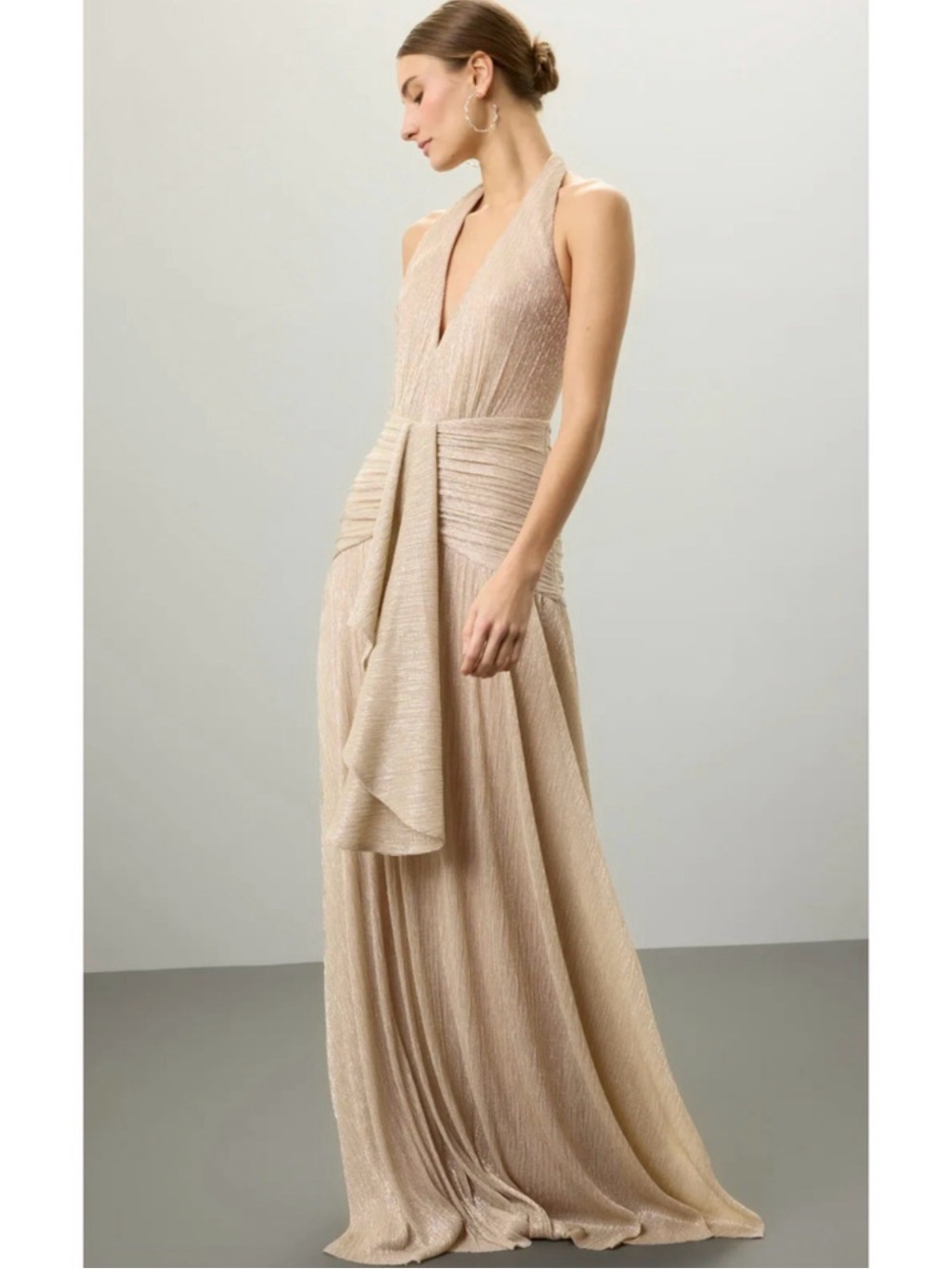 PatBO Champagne Halter Backless Evening Gown